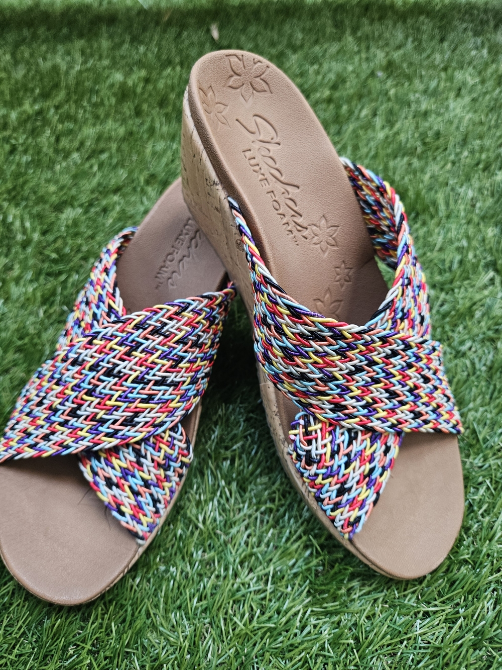 Skechers Multi Color Woven Strap Cork Wedge Sandals Sz 8.5 (Insole 9.75")